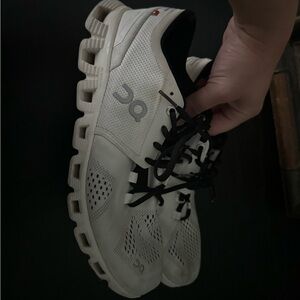 On Running Womens Athletic Shoe in White and Black with Gray Logo
